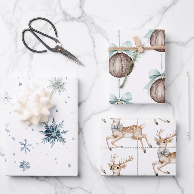 White Snowflakes Deer Coconut Ornaments Wrapping Paper Sheet (Front)
