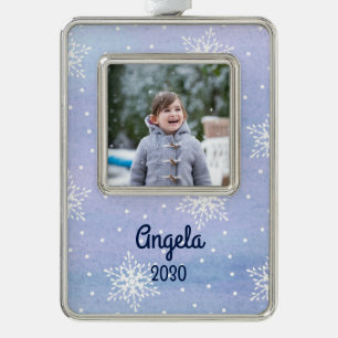 White Snowflakes Dots Name Year Holiday Photo Silver Plated Framed Ornament