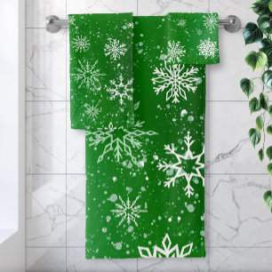 White Snowflakes Emerald Green Bath Towel Set