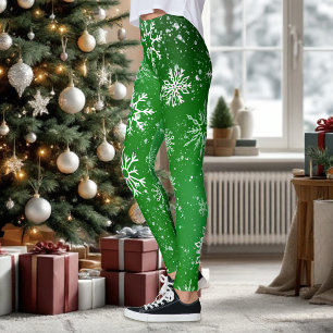 White Snowflakes Emerald Green Leggings