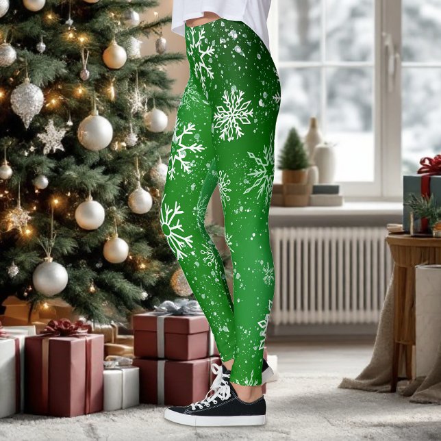 White Snowflakes Emerald Green Leggings (Creator Uploaded)