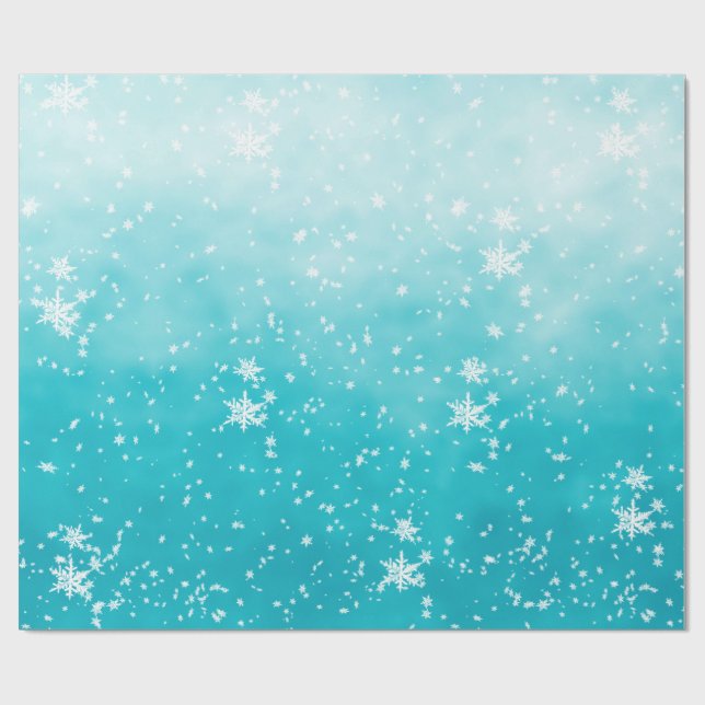 White Snowflakes Falling Winter Turquoise Ombre Wrapping Paper (Flat)