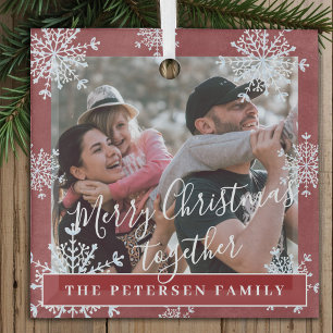 White snowflakes family photo personalised red glass tree decoration