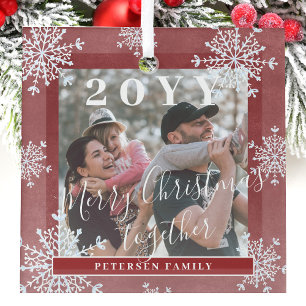 White snowflakes family photo personalised red glass tree decoration