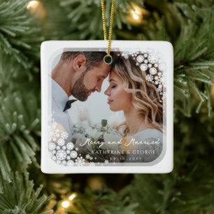 White Snowflakes Frame Chic Holiday Wedding Photo Ceramic Ornament