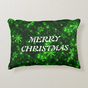 White Snowflakes Green Background Pillow