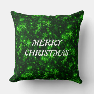 White Snowflakes Green Background Throw Pillow