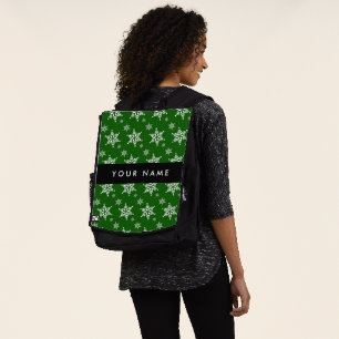 White Snowflakes, Green, Your name, Personalise Backpack