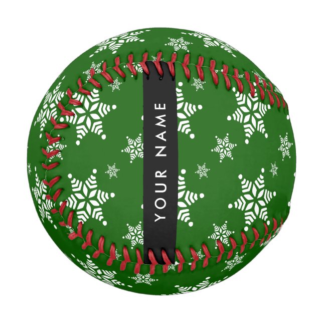 White Snowflakes, Green, Your name, Personalise Baseball (Front Left)