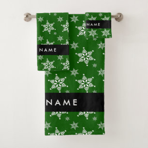 White Snowflakes, Green, Your name, Personalise Bath Towel Set