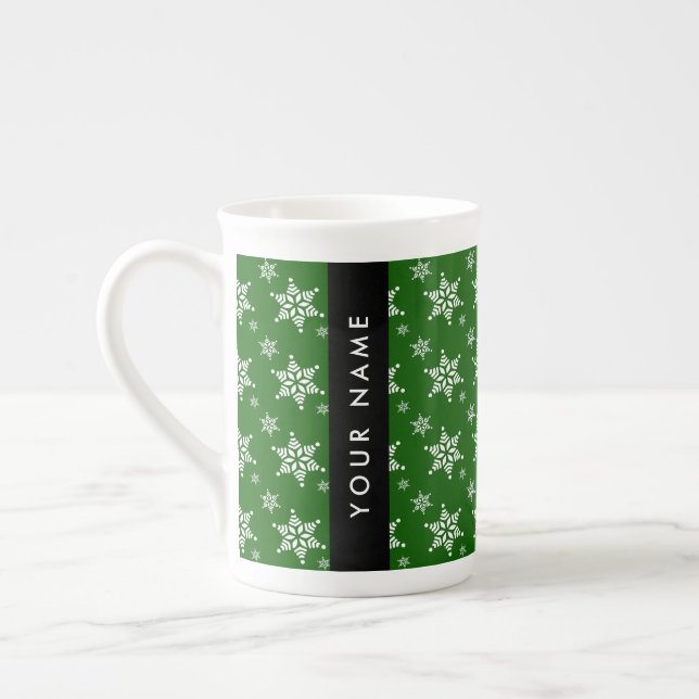 White Snowflakes, Green, Your name, Personalise Bone China Mug (Left)
