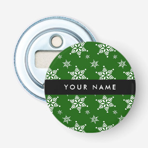 White Snowflakes, Green, Your name, Personalise Bottle Opener