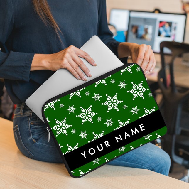 White Snowflakes, Green, Your name, Personalise Laptop Sleeve (Creator Uploaded)