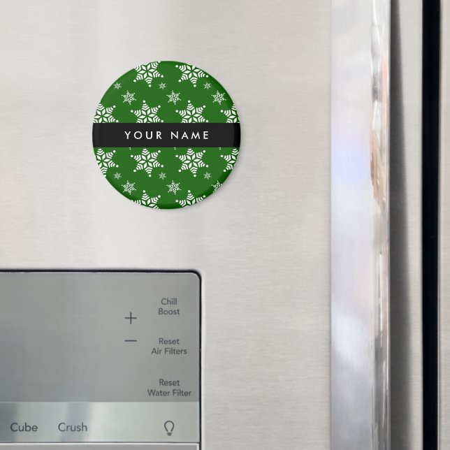 White Snowflakes, Green, Your name, Personalise Magnet (In Situ (Fridge))
