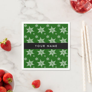White Snowflakes, Green, Your name, Personalise Napkin