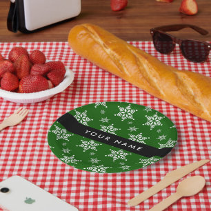 White Snowflakes, Green, Your name, Personalise Paper Plate