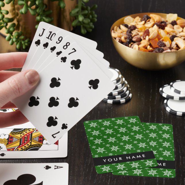 White Snowflakes, Green, Your name, Personalise Playing Cards (In Situ)