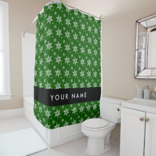 White Snowflakes, Green, Your name, Personalise Shower Curtain