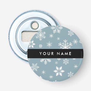 White Snowflakes, Grey, Your name, Personalise Bottle Opener