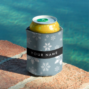 White Snowflakes, Grey, Your name, Personalise Can Cooler