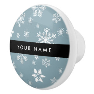 White Snowflakes, Grey, Your name, Personalise Ceramic Knob