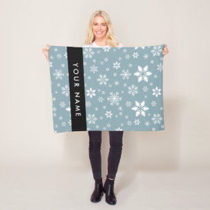 White Snowflakes, Grey, Your name, Personalise Fleece Blanket