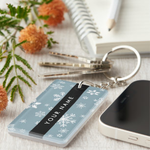 White Snowflakes, Grey, Your name, Personalise Key Ring