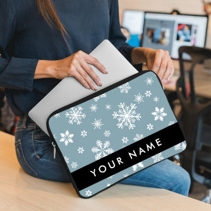 White Snowflakes, Grey, Your name, Personalise Laptop Sleeve