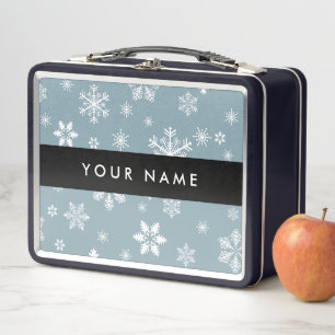 White Snowflakes, Grey, Your name, Personalise Metal Lunch Box