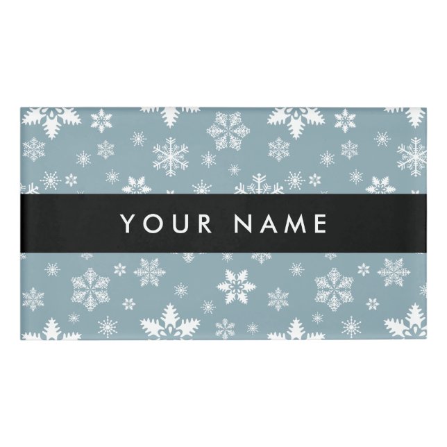 White Snowflakes, Grey, Your name, Personalise Name Tag (Front)
