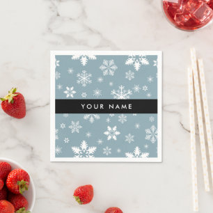 White Snowflakes, Grey, Your name, Personalise Napkin