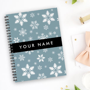 White Snowflakes, Grey, Your name, Personalise Notebook