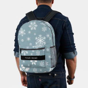 White Snowflakes, Grey, Your name, Personalise Printed Backpack