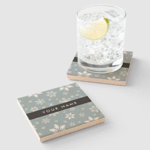 White Snowflakes, Grey, Your name, Personalise Stone Coaster