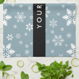 White Snowflakes, Grey, Your name, Personalise Tea Towel