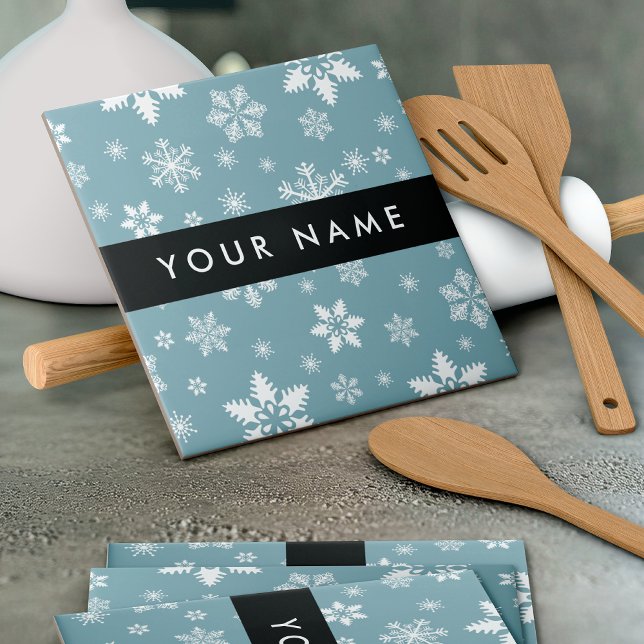 White Snowflakes, Grey, Your name, Personalise Tile (Creator Uploaded)