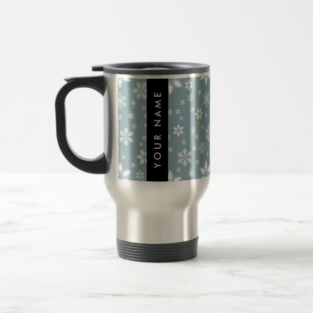 White Snowflakes, Grey, Your name, Personalise Travel Mug (Left)