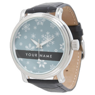 White Snowflakes, Grey, Your name, Personalise Watch