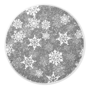 White Snowflakes Luxurious Grey Elegant Christmas Ceramic Knob