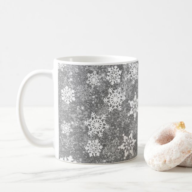 White Snowflakes Luxurious Grey Elegant Christmas Coffee Mug (With Donut)