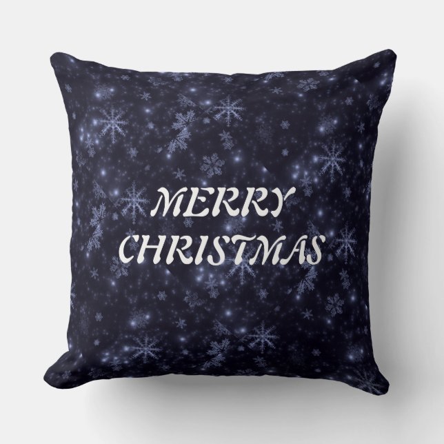 White Snowflakes Midnight Blue Backgd Throw Pillow (Front)