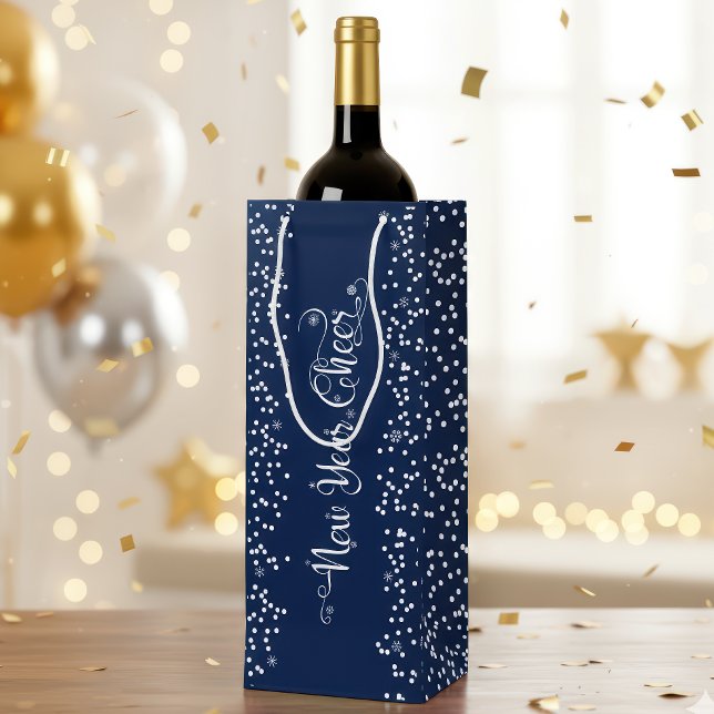 White Snowflakes Navy Blue New Year Cheer Elegant Wine Gift Bag (Creator Uploaded)