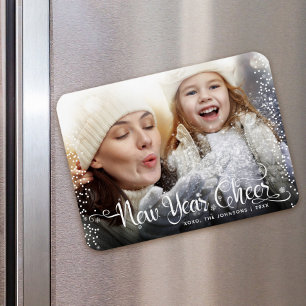 White Snowflakes New Year Cheer Quote Custom Photo Magnet