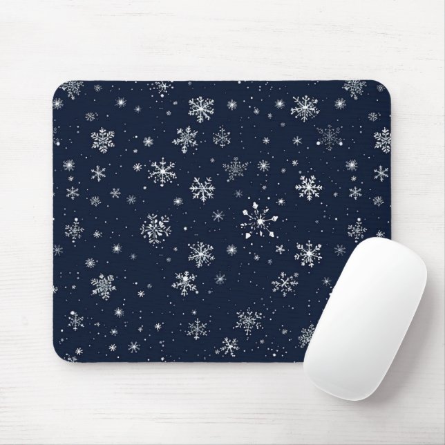 White Snowflakes on a Dark Blue Background Mouse Mat (With Mouse)