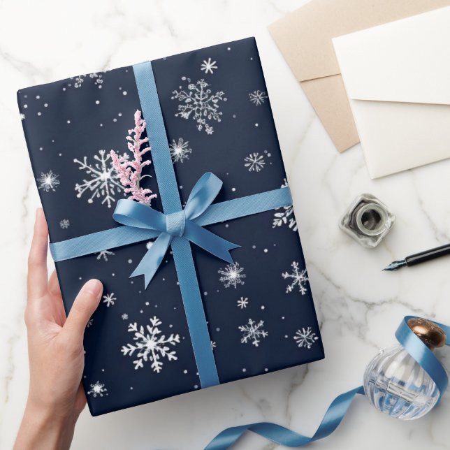 White Snowflakes on a Dark Blue Background Wrapping Paper (Gifting)