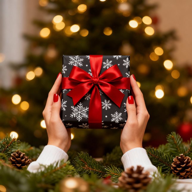 White Snowflakes On Black Background Christmas Wrapping Paper (Creator Uploaded)