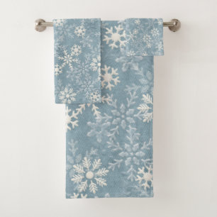 White Snowflakes on Blue Background Bath Towel Set