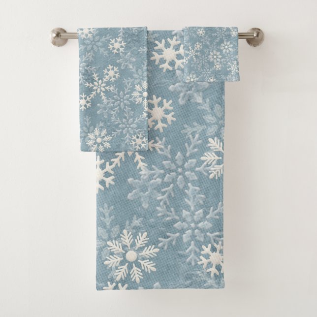 White Snowflakes on Blue Background Bath Towel Set (Insitu)
