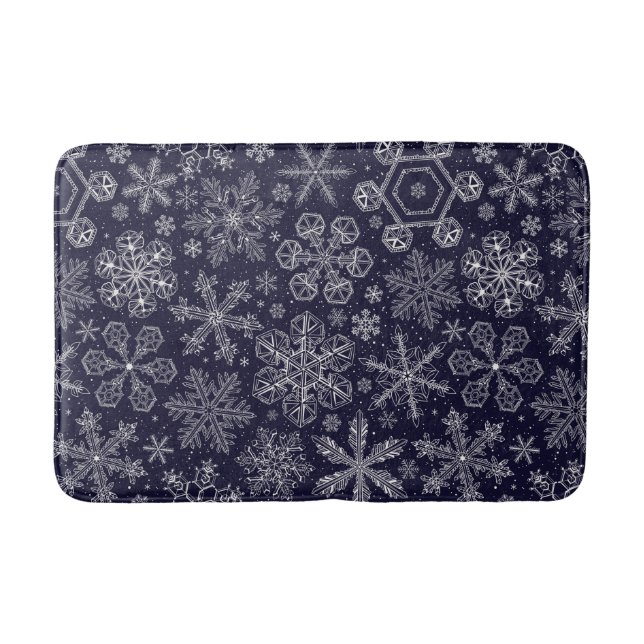 White Snowflakes on blue Bath Mat (Front)