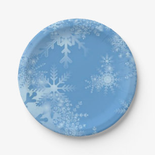 White Snowflakes on Blue Christmas Winter Party Paper Plate